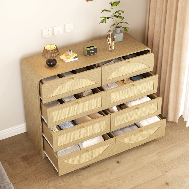 Armoire 8 tiroirs avec façade en rotin, Natural