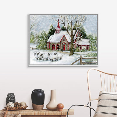 «Snowy Church with Sheep» par Susan Winget - peinture sur toile tendue