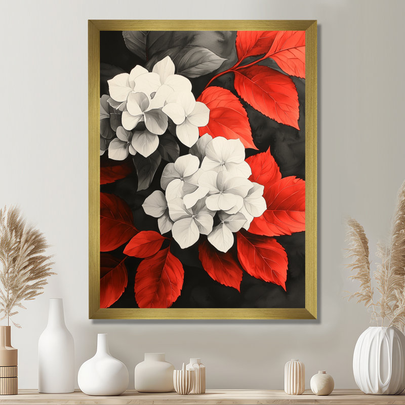 Hortensias monochromes avec feuilles rouges III - impressions sur toile florales, H 40 po x l 30 po, Doré