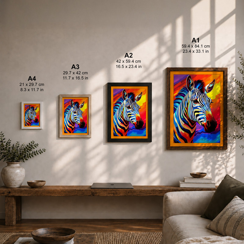 Chromatic Zebra Pop Art 1 Piece Single Picture Frame Wall Art, A2 - 59.4 x 42.0 cm, Walnut