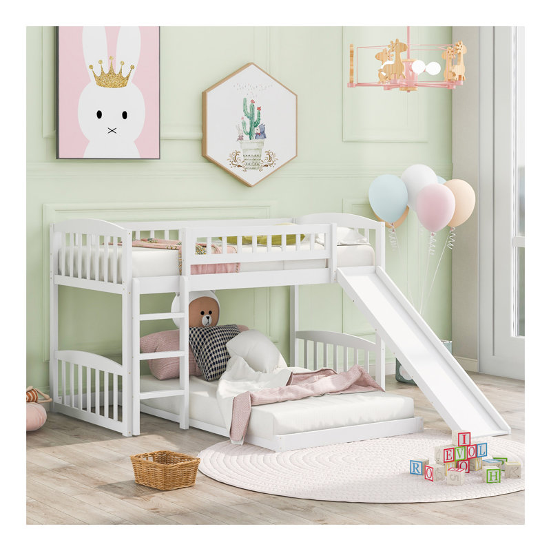 Lit simple superposé au-dessus d'un lit simple avec glissière et échelle, blanc, Blanc