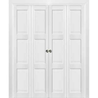 Sliding Closet Double Bi-fold Doors 96" x 80" (4* 24x80) Lucia 2661 White Silk Sturdy Tracks Moldings Trims Hardware Set Wood Solid Bedroom Wardrobe Doors