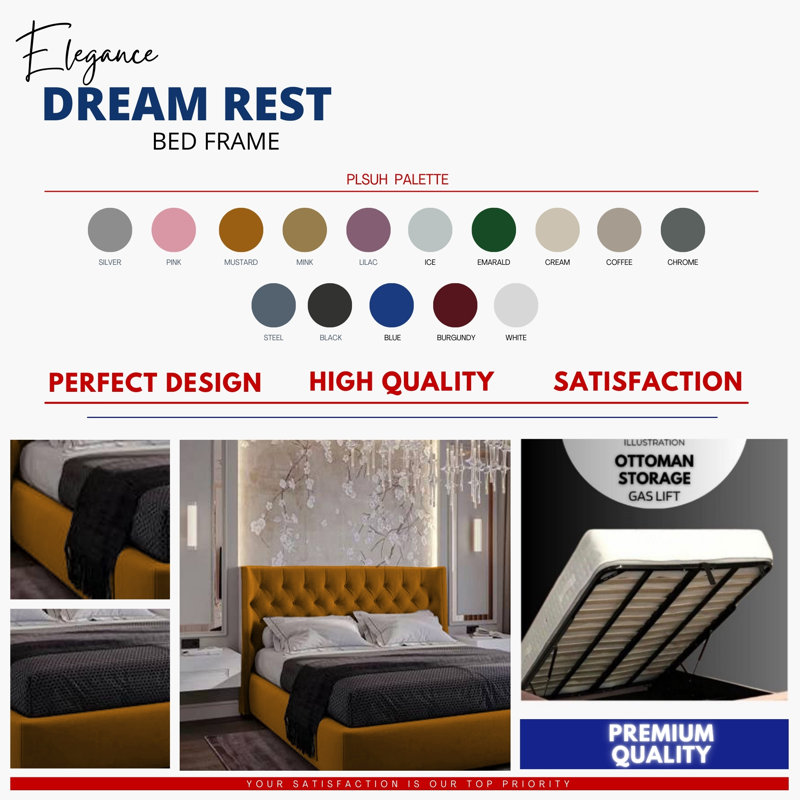 Rebeca Wingback Ottoman Storage Bed - Plush Velvet Gas Lift Bed Frame with Headboard, Small Double (4'), Mustard