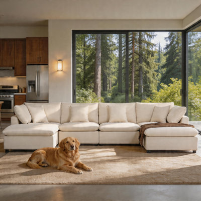 Burwell 6 - Piece 143" Oversized U-Shaped Modular Sectional Sofa with Removable Ottomans, Convertible L-Shaped Velvet Couch with 5 Throw Pillows for Living Room, Apartment, Home Office