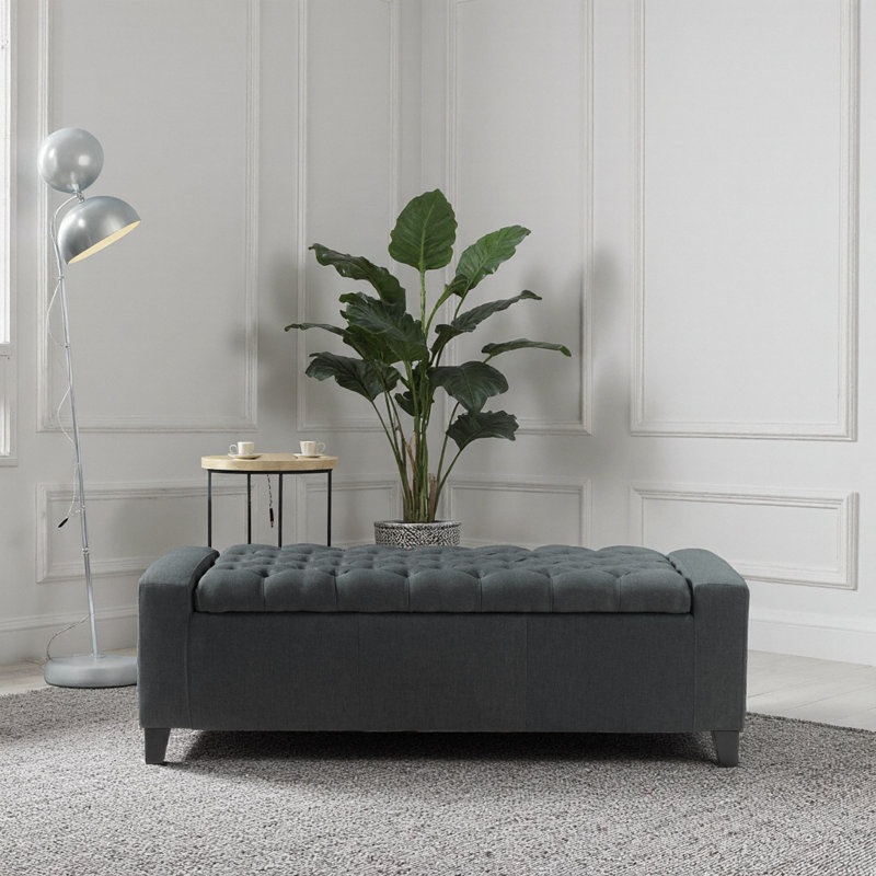 Repose-pieds en tissu capitonné gris foncé avec banc amovible avec dessus amovible et espace de rangement intérieur