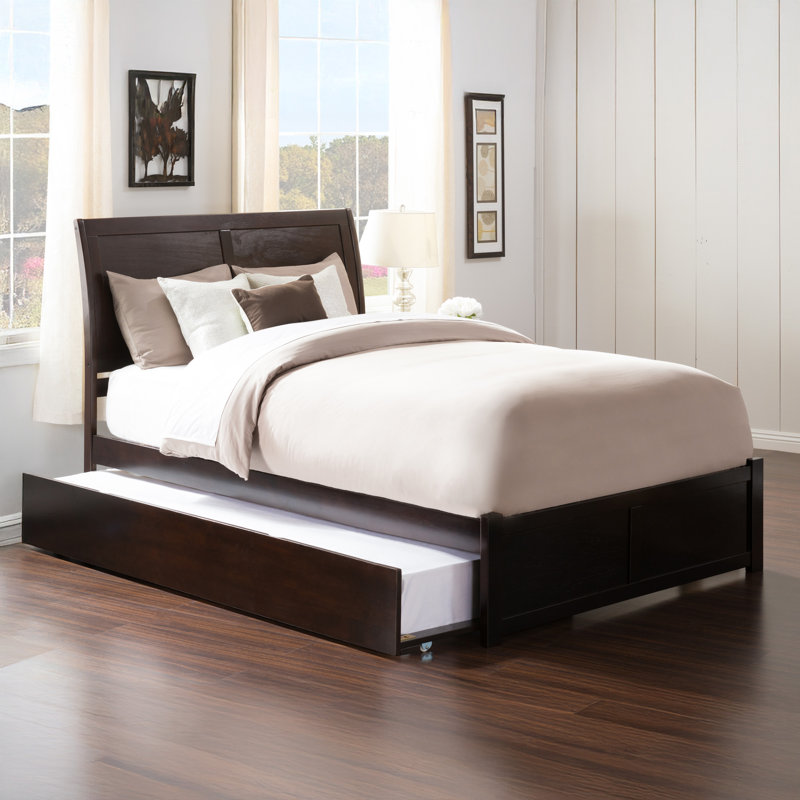 Nystead Solid Wood Sleigh Platform Bed with Footboard & Full Roll Out Trundle, Espresso