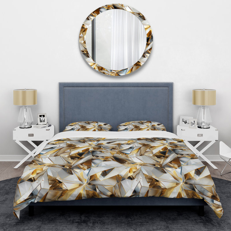 Ensemble de housse de couette en marbre doré et blanc Opule II, Housse de couette pour grand lit et 2 taies décor