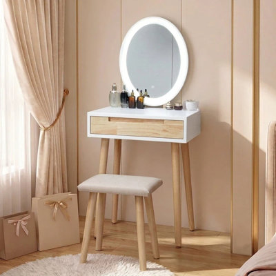 60cm Desktop Dressing Table With Led Lighted Mirror, Makeup Vanity Desk With Stool and Drawer