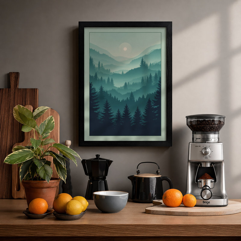 Mountains at Dusk Scandinavian - Framed Print, A4 - 29.7 x 21.0 cm, Black