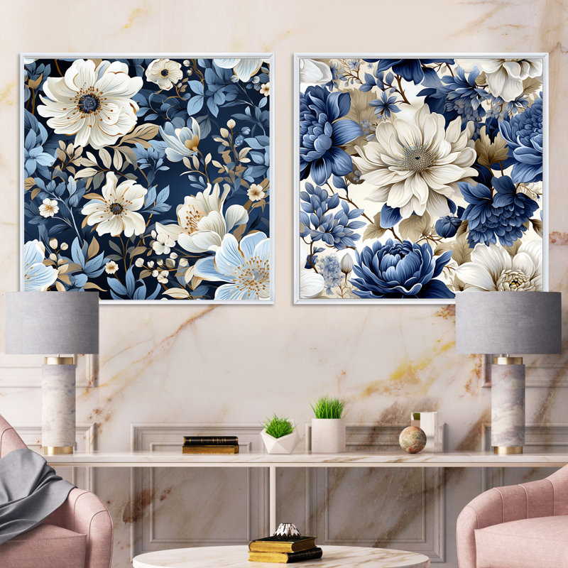 Polston - Ensemble de 2 collages floraux carrés, H 16 po x l 33 po, Cadre flottant blanc