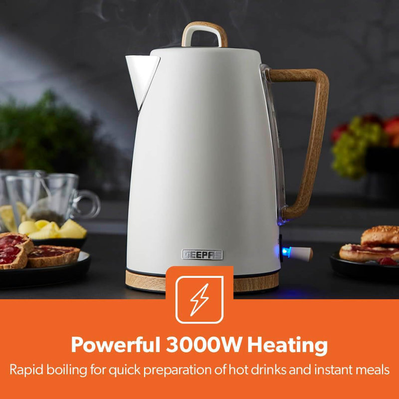 GEEPAS NordiQ 2 Slice Toaster & 1.7L Electric Kettle Combo Set | Matte Finish with Wood Accents | 850W 6 Browning Levels Defrost Reheat & Cancel | 3000W Rapid Boil Cordless Jug Kettle