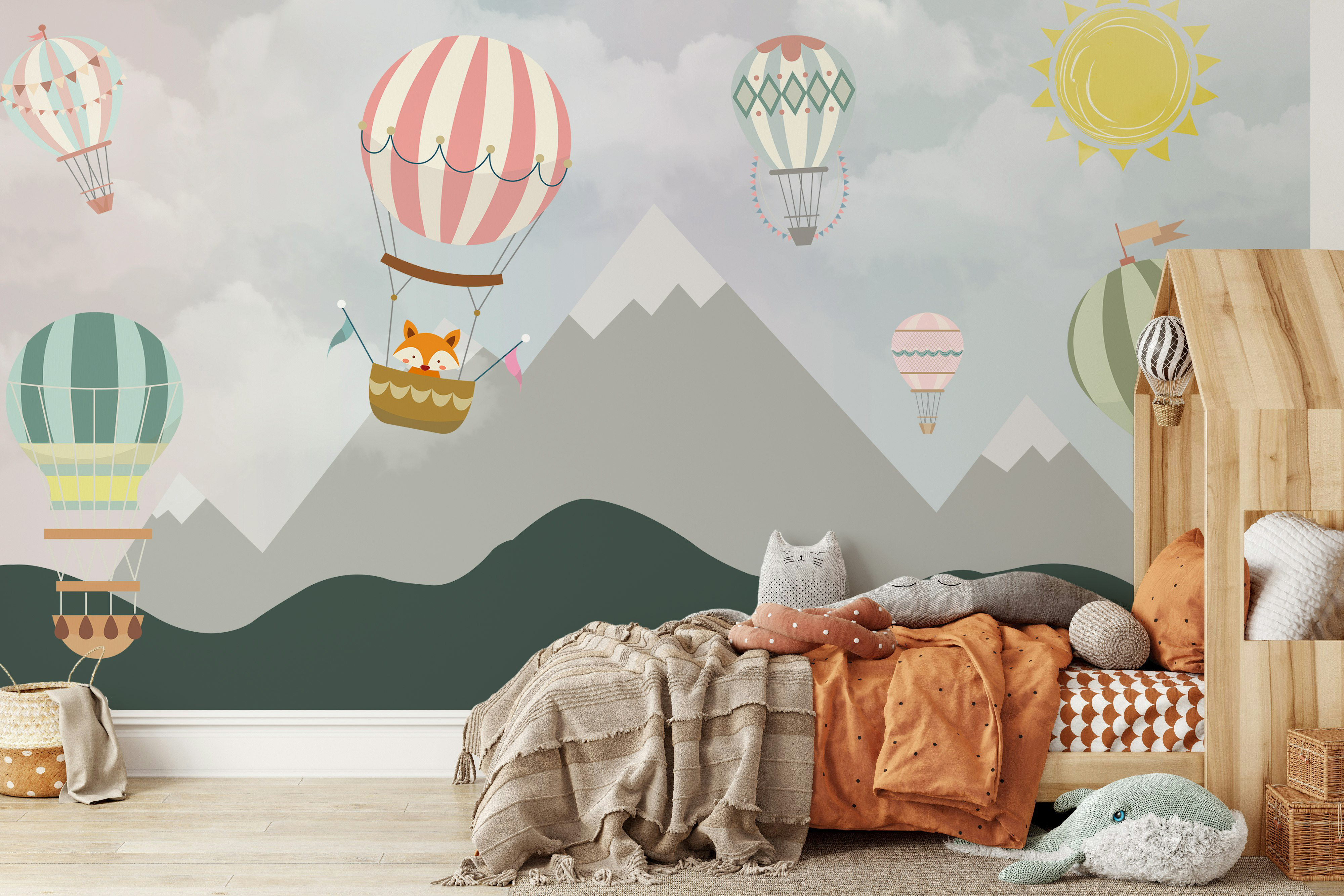 Zoomie Kids Hot Air Balloon Kids Wallpaper with Mountains and Sun | Wayfair