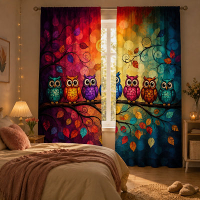 Lot de 2 rideaux à motif hibou aquarelle abstrait, rideaux bohèmes modernes et fantaisistes imprimés d'animaux de la forêt pour salon, chambre, cuisine et décoration intérieure