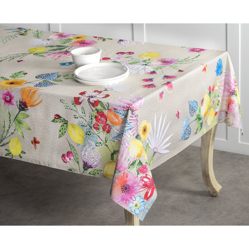 Floral 100% Cotton Tablecloth, Fog, 90" L x 60" W