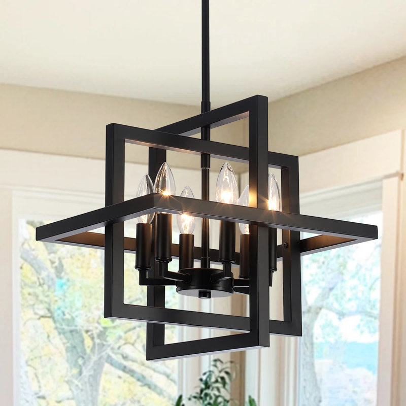 Mercer41 6 - Light Dimmable Industrial Square/Rectangle Geometric Candle Style Chandelier with Metal Cage for Dining Room, Kitchen Island, Foyer, Hallway