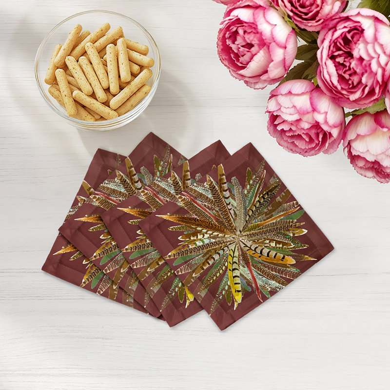 Pheasant Feathers Cotton Sateen Cocktail Napkins, Porto