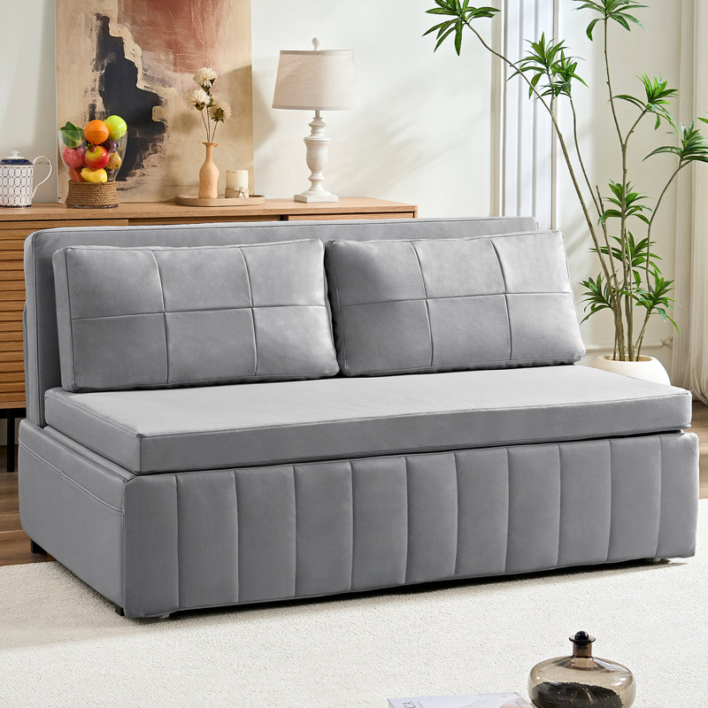 Ebern Designs Small Loveseat 3-in-1 Pull-Out Sleeper Sofa Bed with Throw Pillows, Light Gray