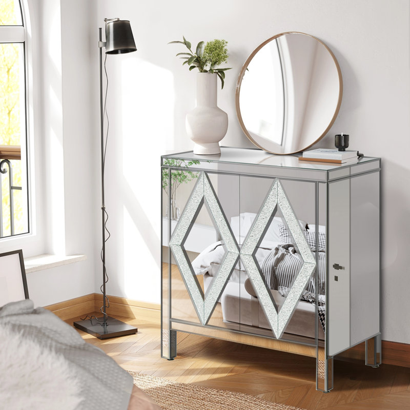 Armoire de rangement avec garniture de miroir et combinaison épissée en forme de losange pour le salon, Silver