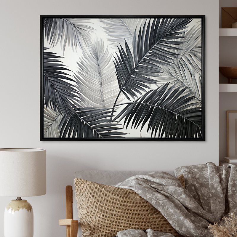 Minimalisme, tranquillité tropicale, palmiers sur toile, Cadre flottant noir, H 24 po x l 32 po x P 1 po