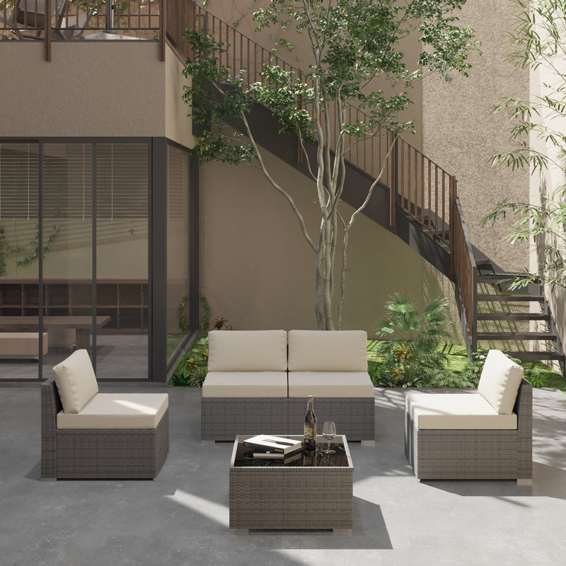 Yuchen 4 - Person Modular Patio Conversation Set with Cushions, Beige