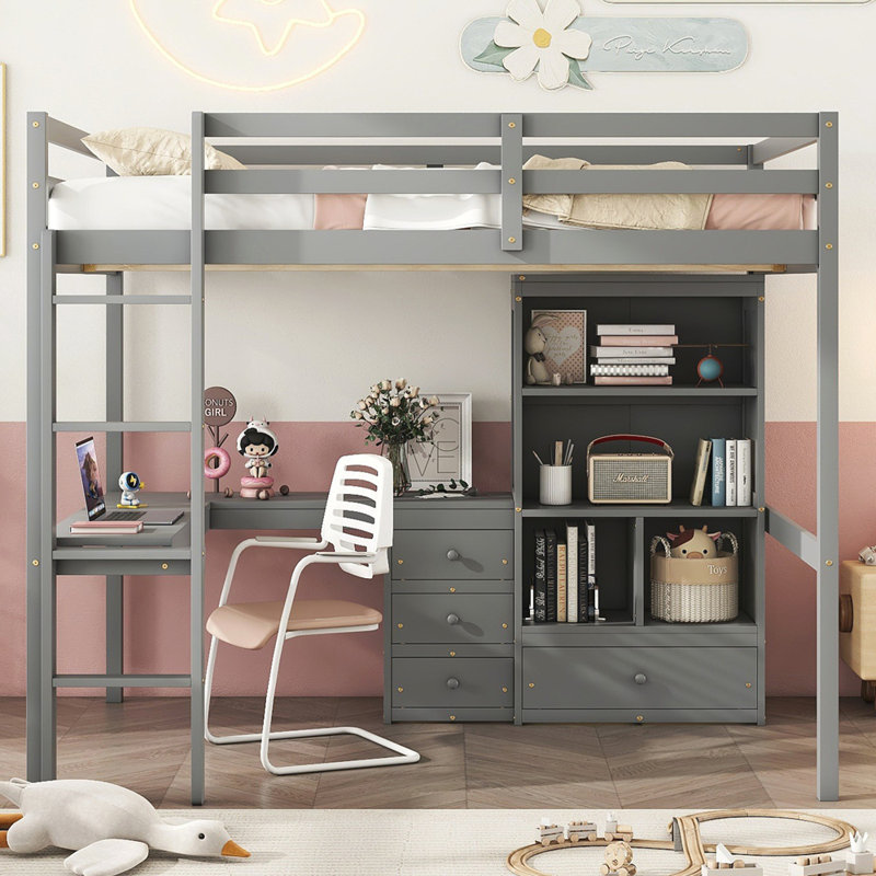 Loft Wood Bed with Desk, Storage shelves and Drawers, Built-in Ladder, High Loft Bed with Desk, Storage Shelves and Drawers,Guardrails