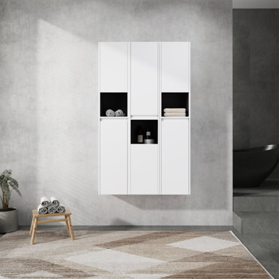 Armoire latérale de salle de bain 12 po, 6 portes à fermeture douce, montage flottant, 0112WH * 3-0122WH-K * 3 (KD-Packing)