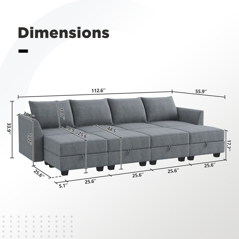 U shaped Sleeper Sectional Modular Sectional Sofa with Chaise, Bluish Gray Polyester