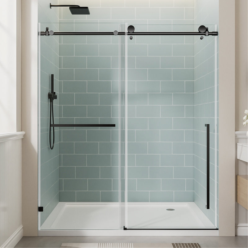 56"-60" W X 78" H Frameless Single Sliding Shower Door, Matte Black Bathtub Door, 3/8" (10Mm) Clear Tempered Glass With Explosion-Proof Film, Stainless Steel Handle