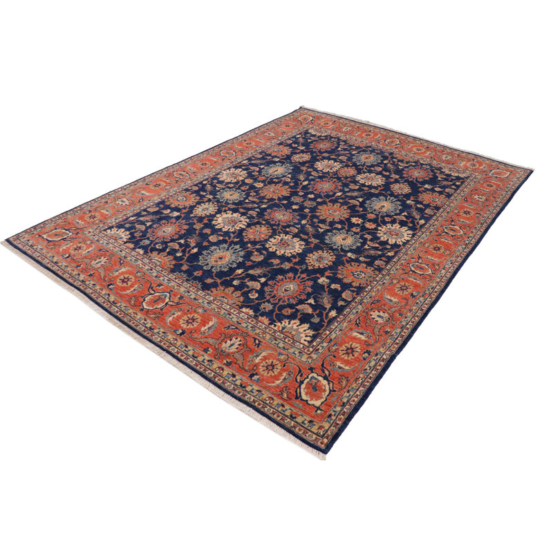 Tapis oriental bleu en laine noué à la main 7 pi 8 po x 10 pi 3 po Baccio