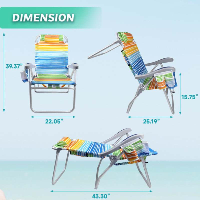 Slader Backpack Beach Chairs, Folding Heavy Duty Camping Chair with Large Pockets and Cup Holder, Blue/Orange/Green