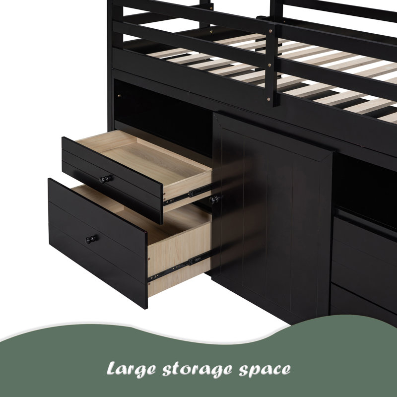 Lit mezzanine simple avec 4 tiroirs, sous l'armoire et les tablettes, Espresso