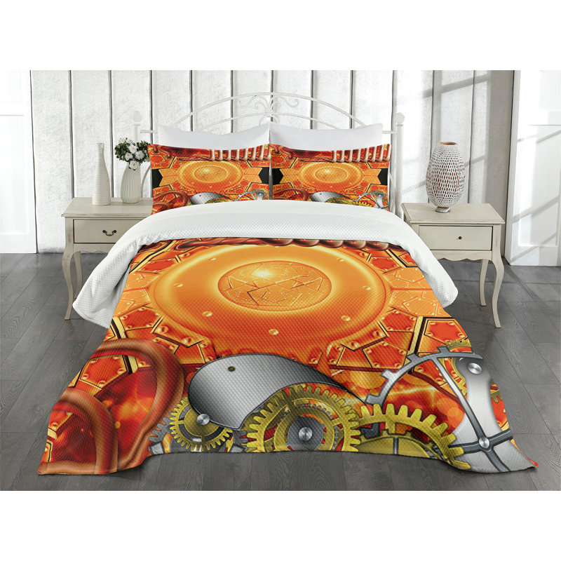 Ambesonne Steampunk Bedspread Set Retro Gear Technology Multicolor, King Bedspread + 2 Standard Shams