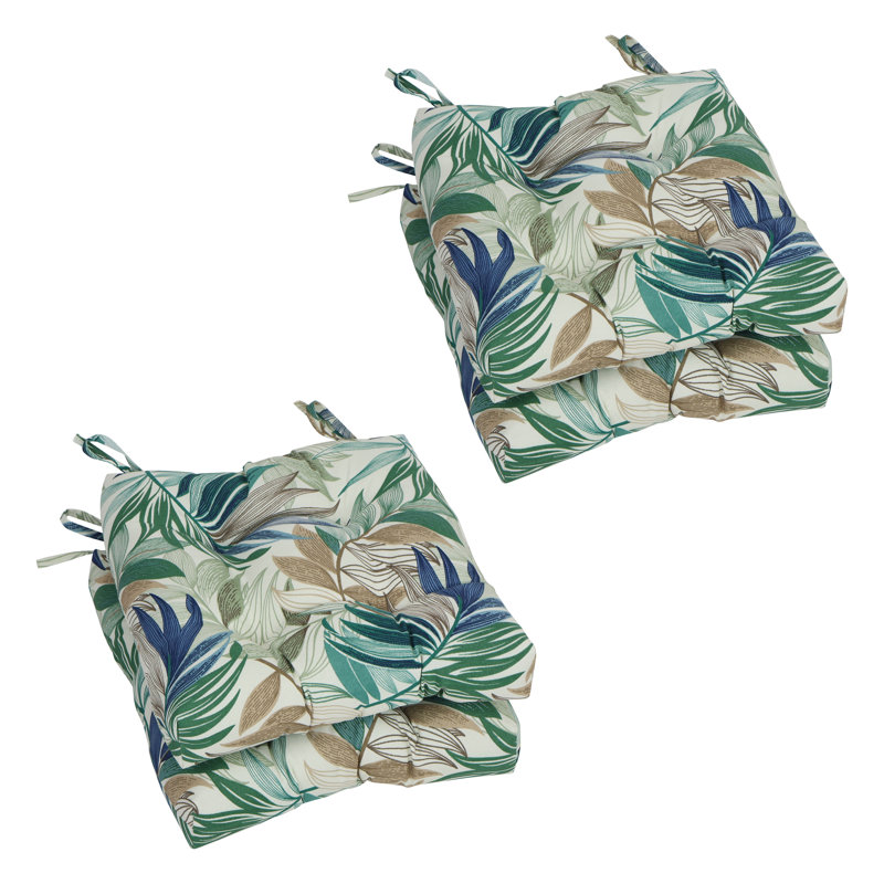 16-Inch Square Outdoor Tufted Chair Cushions (Set Of 4), Tan/Green/Oasis Chambray Floral