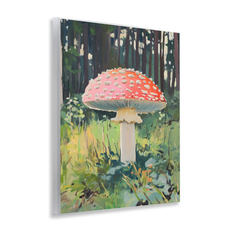 Plaque murale rouge champignon dans la forêt ensoleillée, design par The Prints Vibe