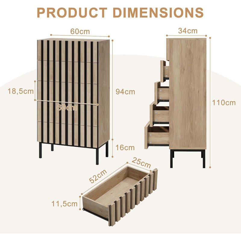Solid Wood 25 cm W Chest of 5 Drawers, Light Oak&Black
