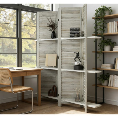 Paravent d'intimité pour le salon, cloison de pièce en bois, rangement pliant, photos et plantes à trois tablettes, cloison de stabilité à charnières en acier avec fonctionnalité, option de rangement, apparence de style stores, extra