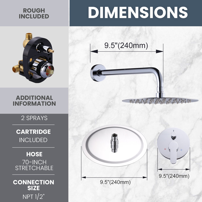9-Spray Patterns With 1.8 GPM 10 In. Wall Mount Shower System With Two Showerhead, Polished Chrome