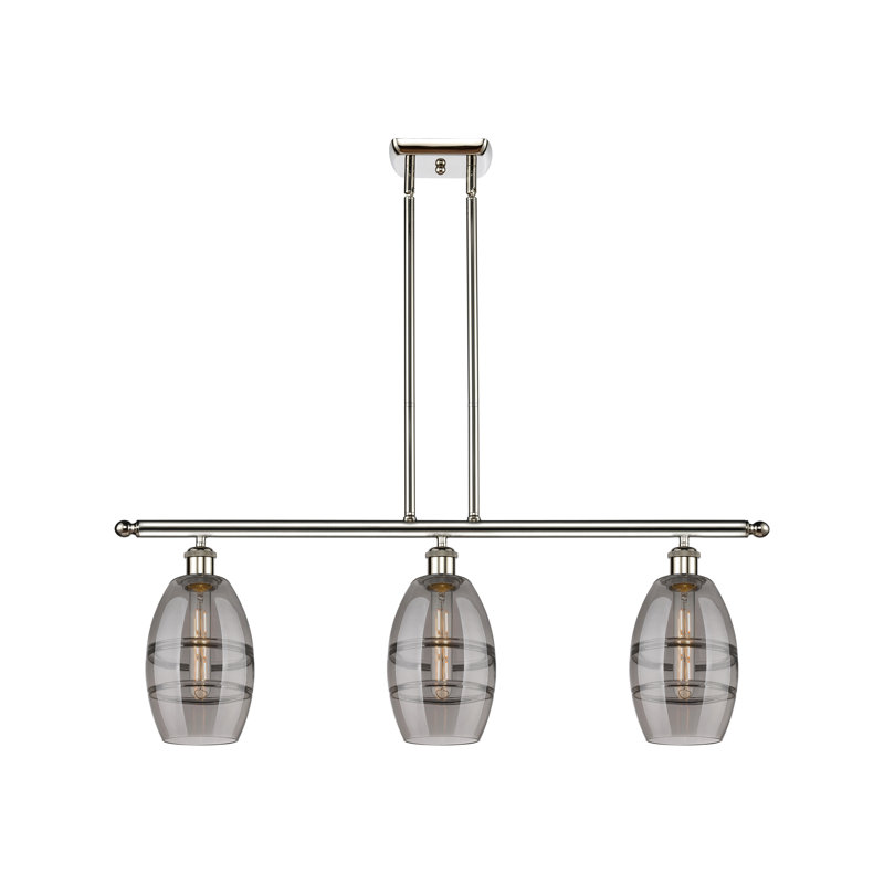 Luminaire suspendu pour îlot de cuisine 3 lumières Dundrod, Nickel poli, Gris fumée clair