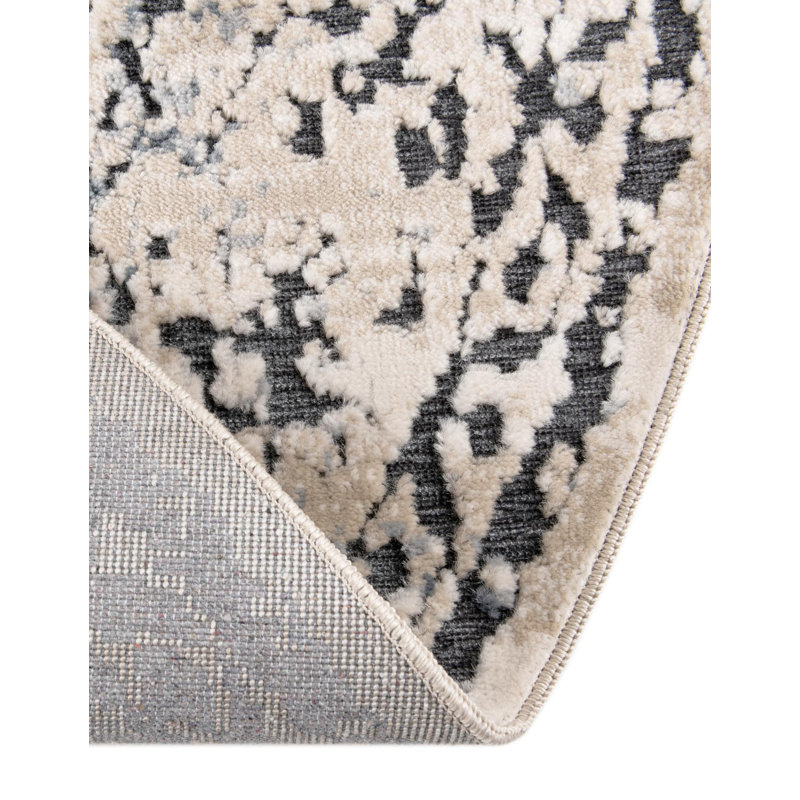 Tapis oriental bleu foncé, beige, ivoire et gris Arkeen, Rond 4 pi 1 po