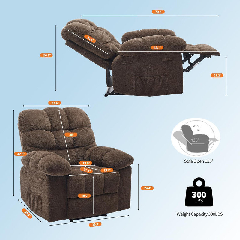 Manual Recliner Chair, Overstuffed Breathable Fabric Reclining Sofa with Side Pocket for Living Room, Brown