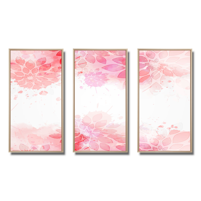 Abstrait fleurs roses éclaboussures II - ensemble d'art moderne sur toile encadrée moderne de 3, H 32 po x l 48 po x P 1 po