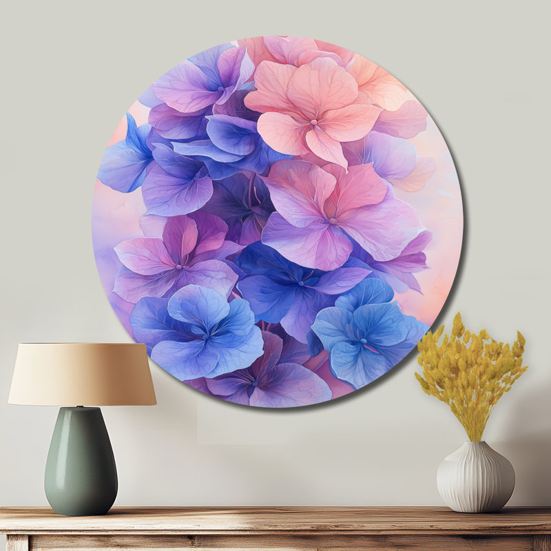 Lavande fluide hortensia fluide II - hydrangées rondes, impression sur métal rose traditionnel, H 16 po x l 16 po