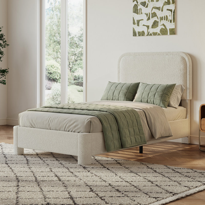 Teddy Fleece Upholstered Platform Bed Frame with Curved Rounded Height‑Adjustable Headboard, Twin