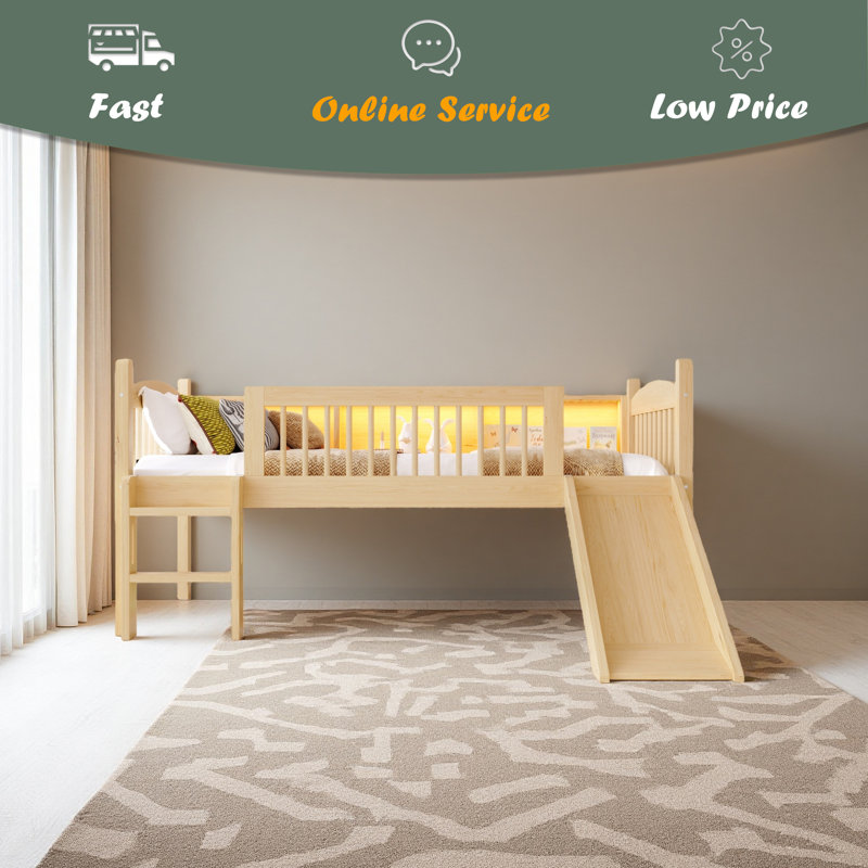 Lit mezzanine avec tablettes de rangement, lit mezzanine inférieur en bois massif avec lumières DEL et garde-corps pleine longueur, aucun sommier nécessaire