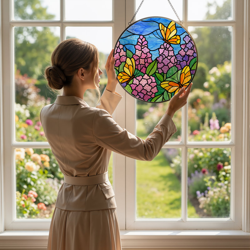 Panneau de vitrail 12 "H Butterfly Flowers