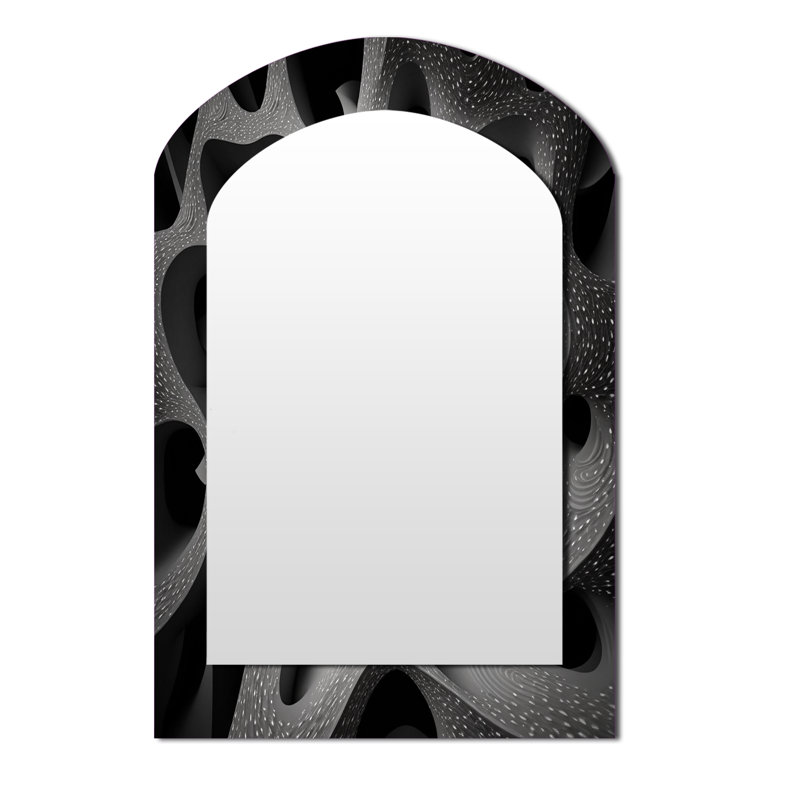 Through The Rabbit Hole Black White Maze III - Geometric Arch Wall Mirror, Black Asymmetrical Decorative Mirror, Printed Metal Art