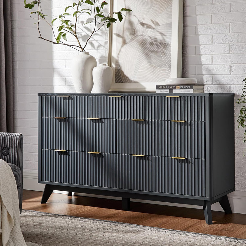Commode à 7 tiroirs avec design cannelé, Gris foncé