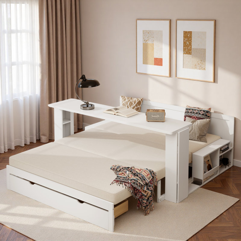 Multifunctional Daybed With Storage Drawer, Open Compartments And Hydraulic Side Table, White 