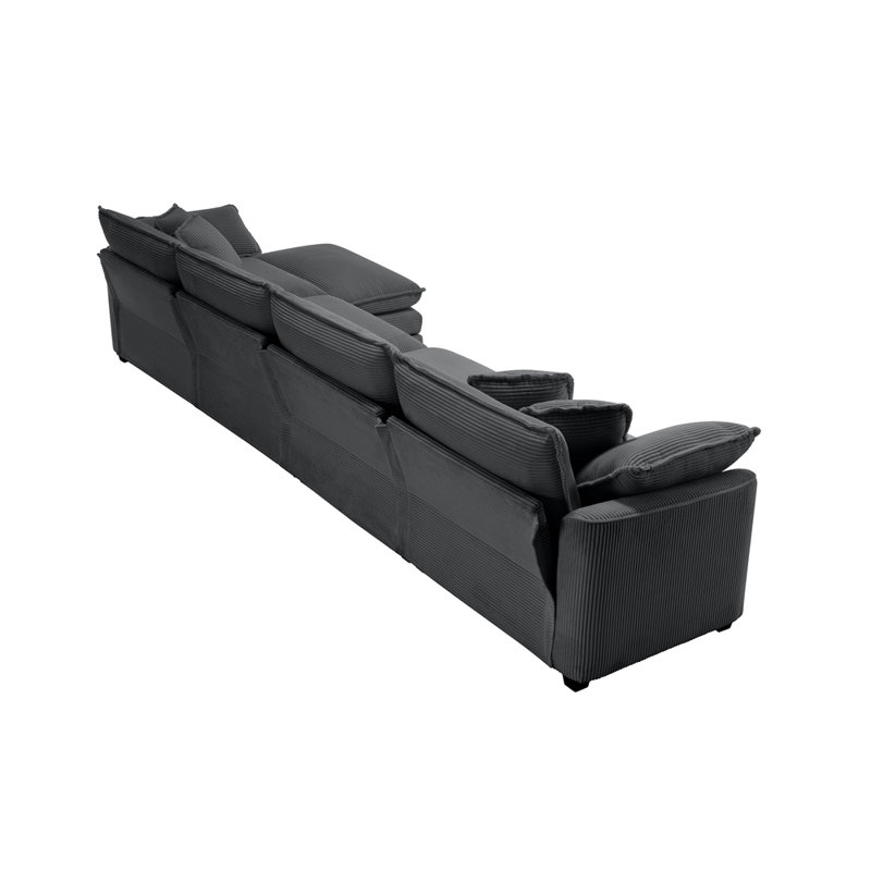 Corduroy Sofa with 1 Footrest, Gray Corduroy, 33.85"H x 149.6"W x 34.25"D