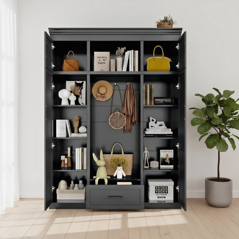Modern Large Hall Tree with Bench & Storage – Layered Top, Adjustable Shelves, Hidden Drawer, Black